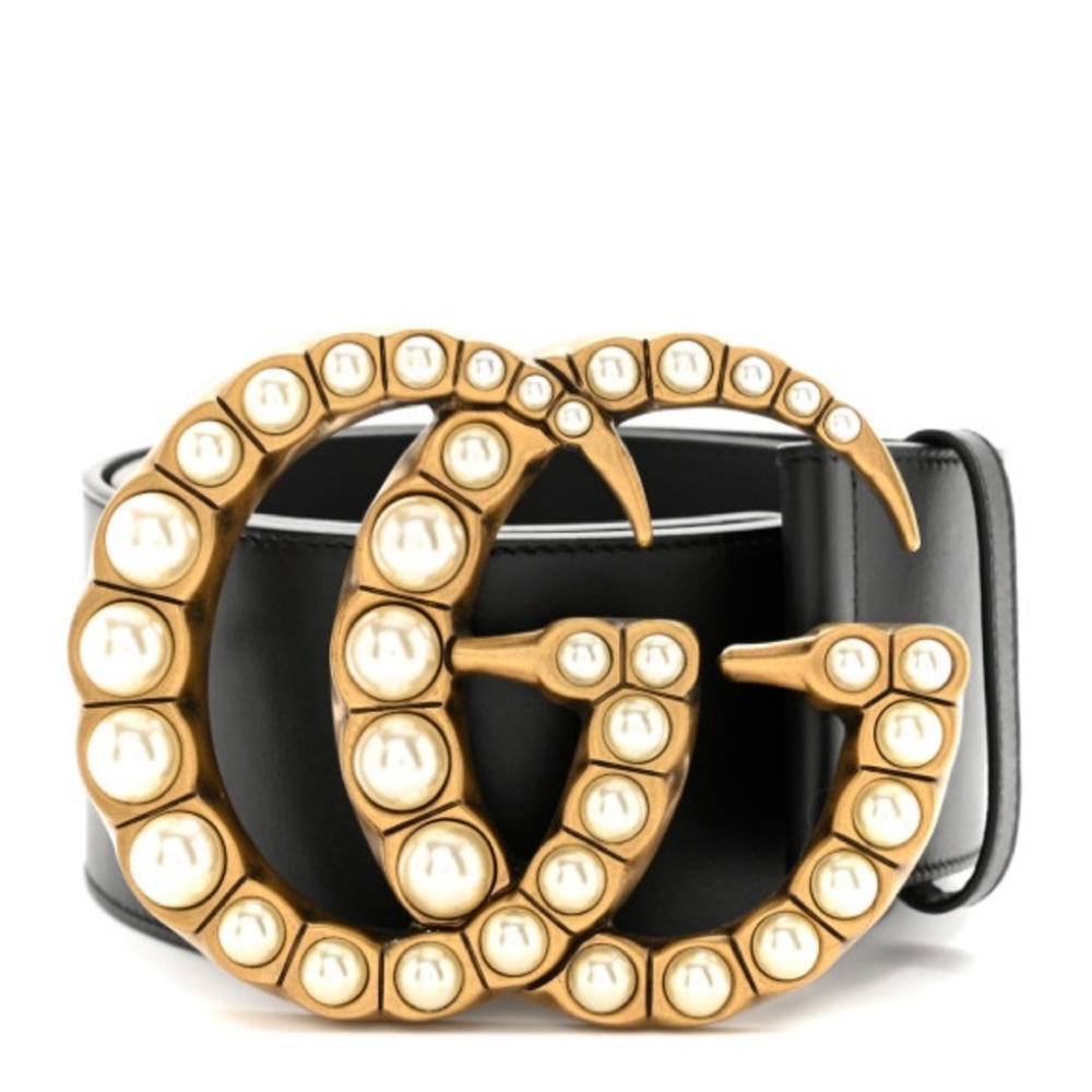 GUCCI Pearl Embellished 'GG' Logo Smooth Leather Belt (Black)